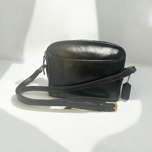 VTG Coach Metropolis Zip Bag 9087 Black Leather Brass 90s Costa Rica Hang Tag - Picture 1 of 10